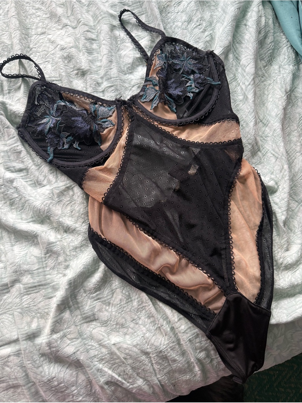 For Love & Lemons Skivvies Floral Appliqué Bodysuit Nude Mesh Cutout Large